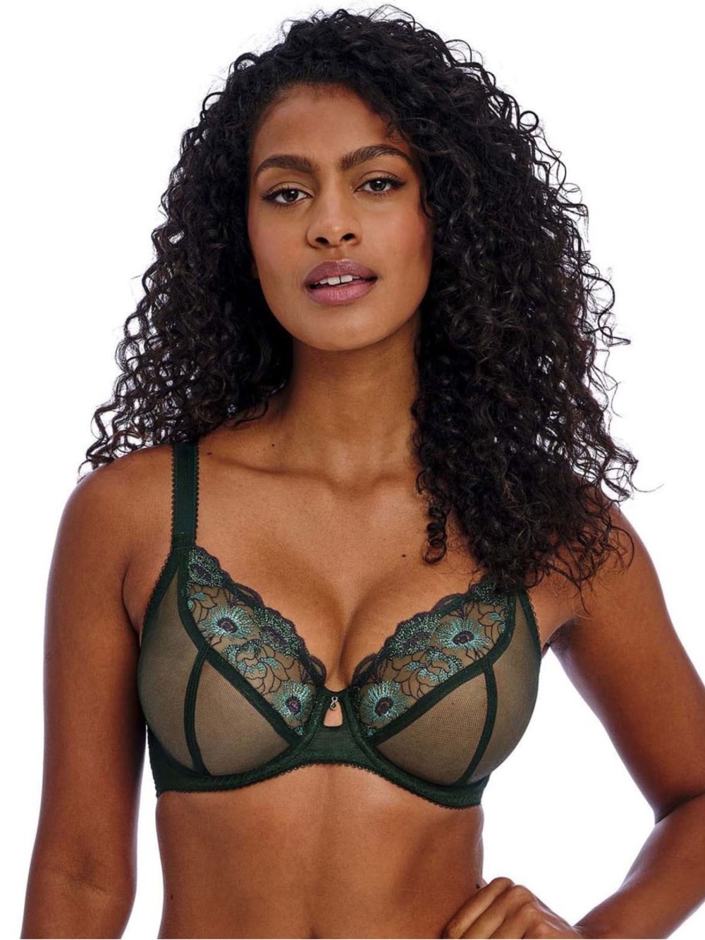Freya Loveland Bra Underwire Plunge Bra 401002 NWT Emerald Green Mesh Floral 32D